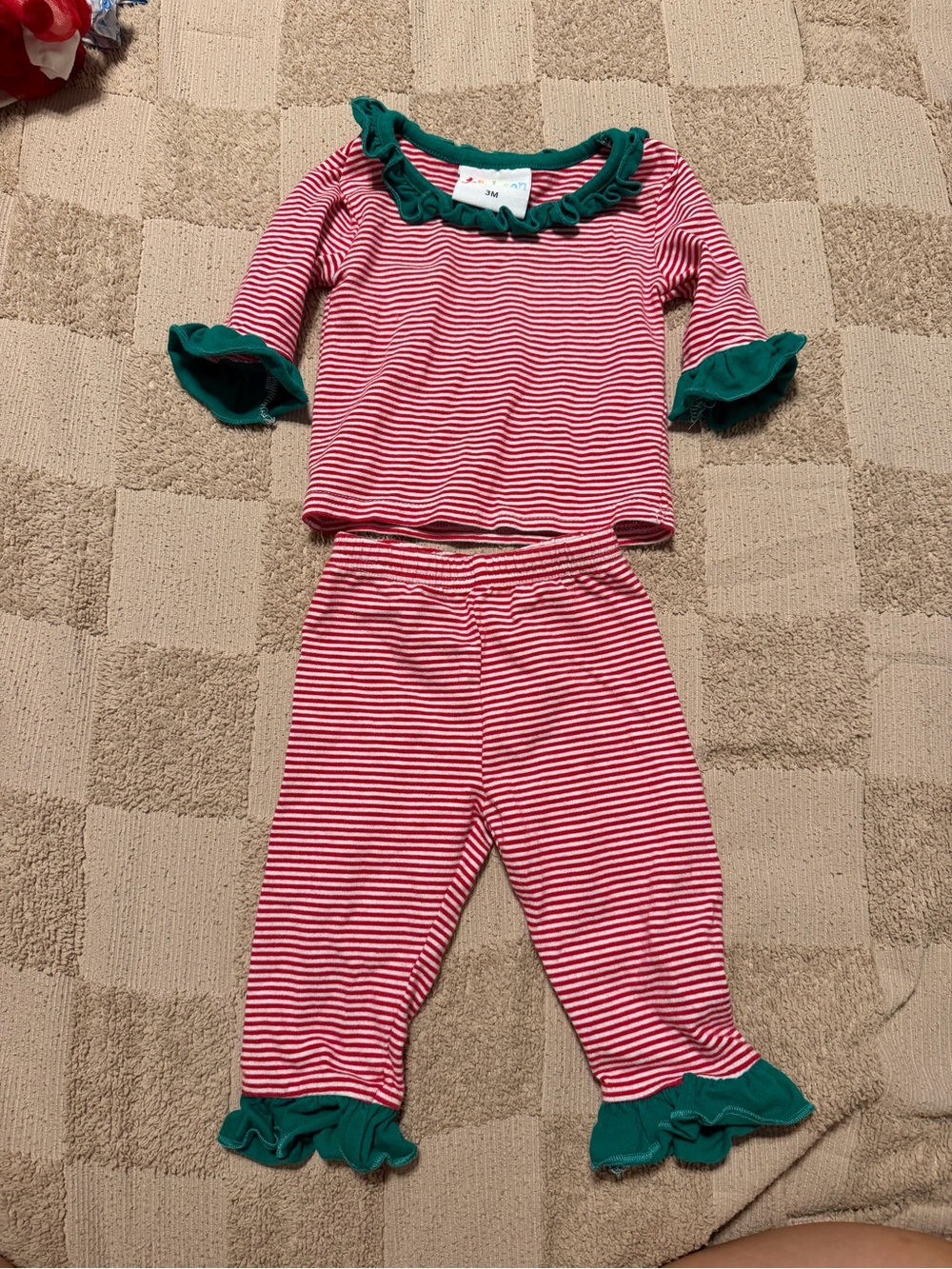 Girls' Striped Red & White Pajama Set with Green Ruffle Trim